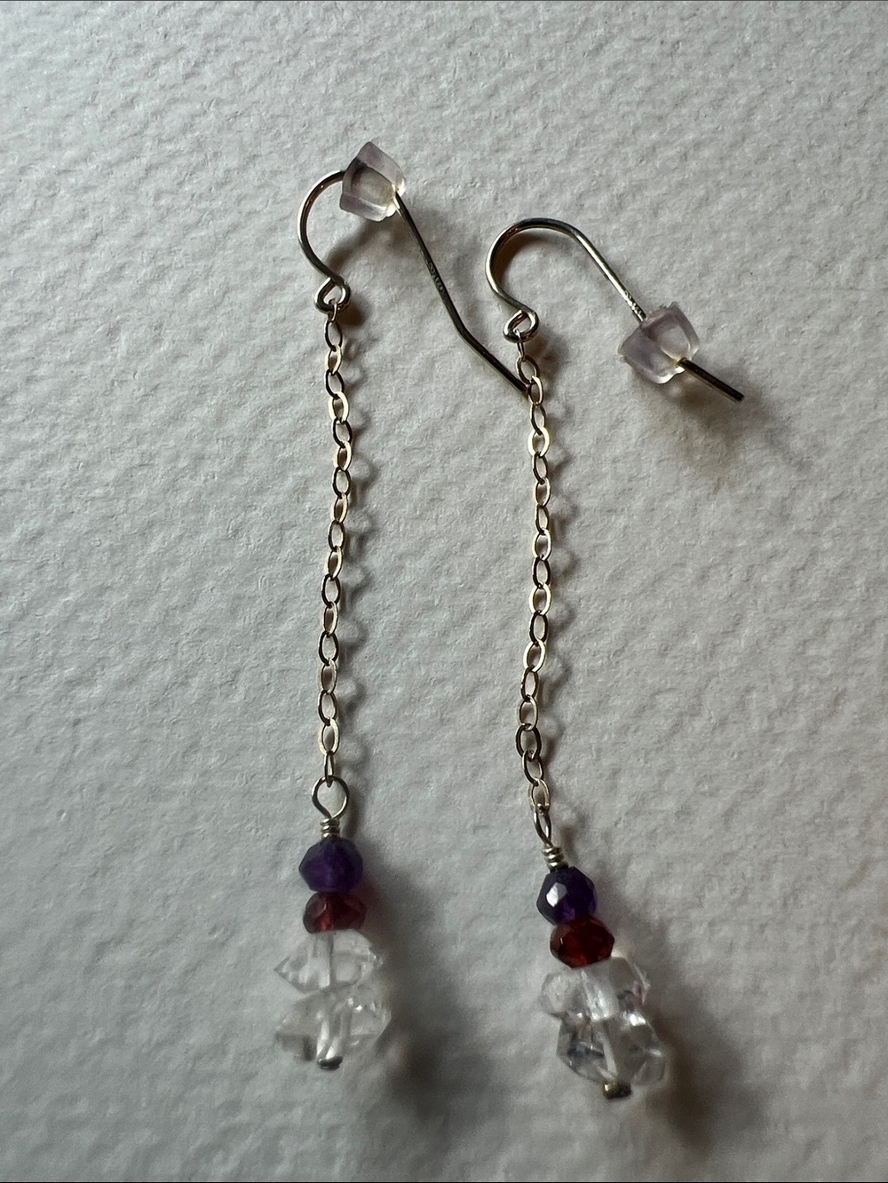 Sterling Chain Drop Earrings with Purple, Red and Clear Gem Accents
